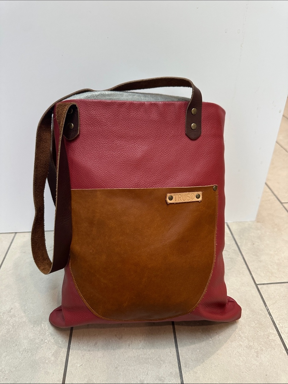 TRUSO Genuine Leather Tote Bag | Rustic Red & Cognac